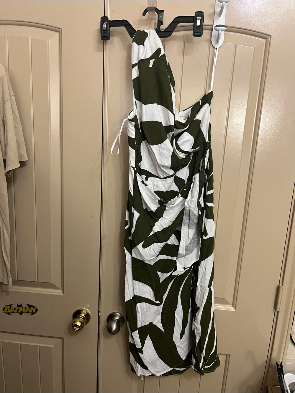 Petal & Pup Olive and White One-Shoulder Draped Midi Dress